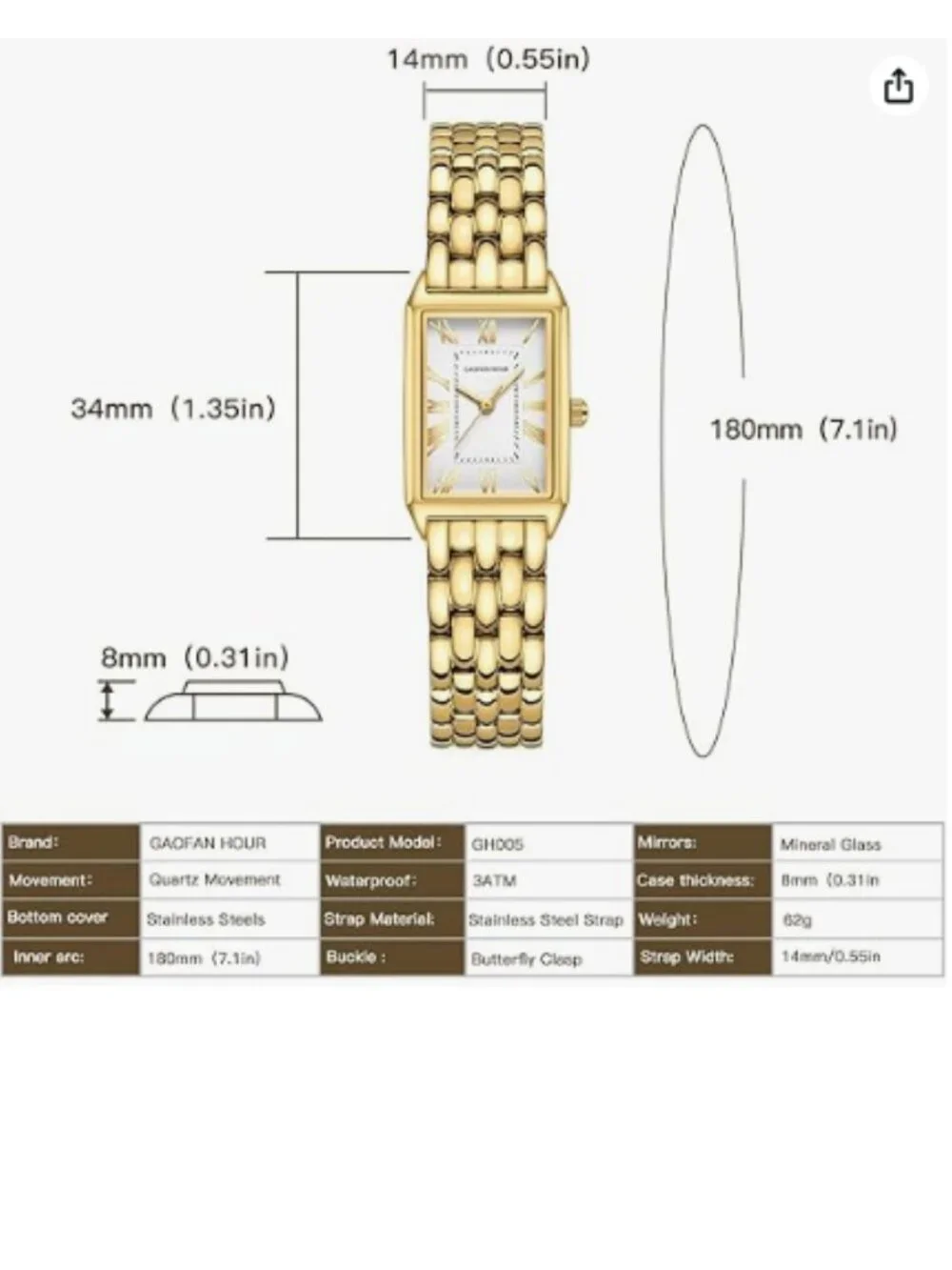 Gold Women's Rectangular Watch White Roman Dial Stainless Steel Band ⭐